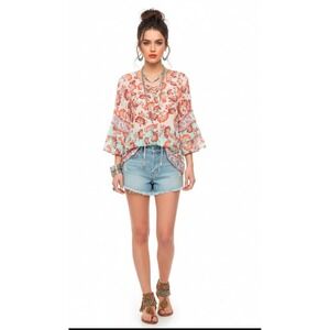 Democracy Floral Paisley Lace Up Boho Blouse Tiered Ruffle Bell Sleeve Medium